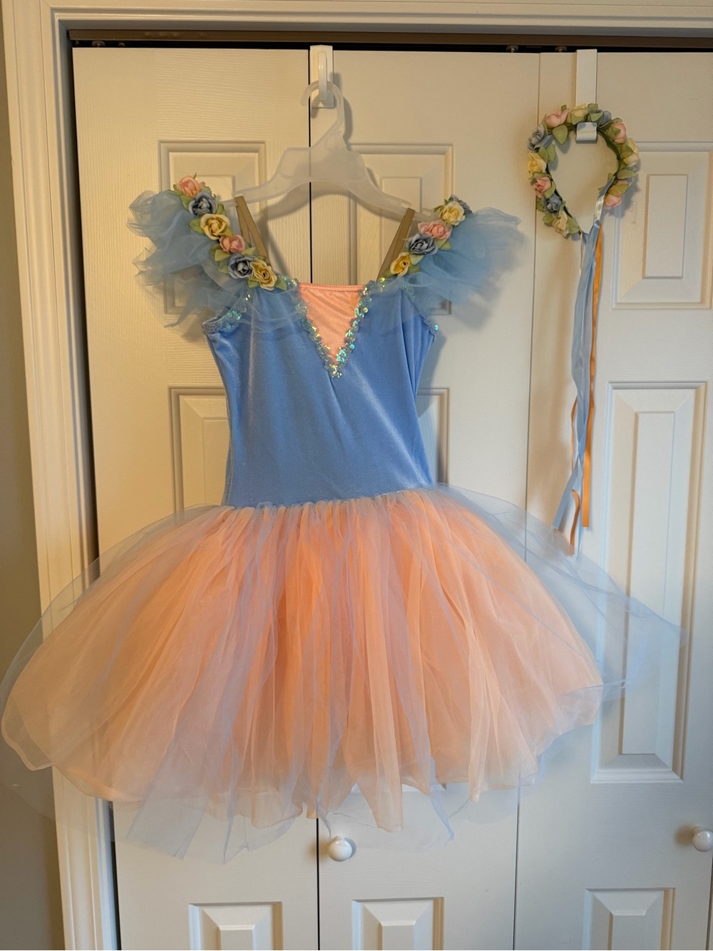 Blue and Peach Floral Tulle Ballet Costume with Headpiece